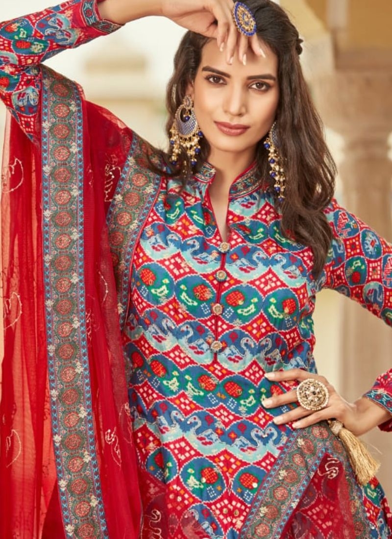 Designer digital printed silk anarkali suit in red