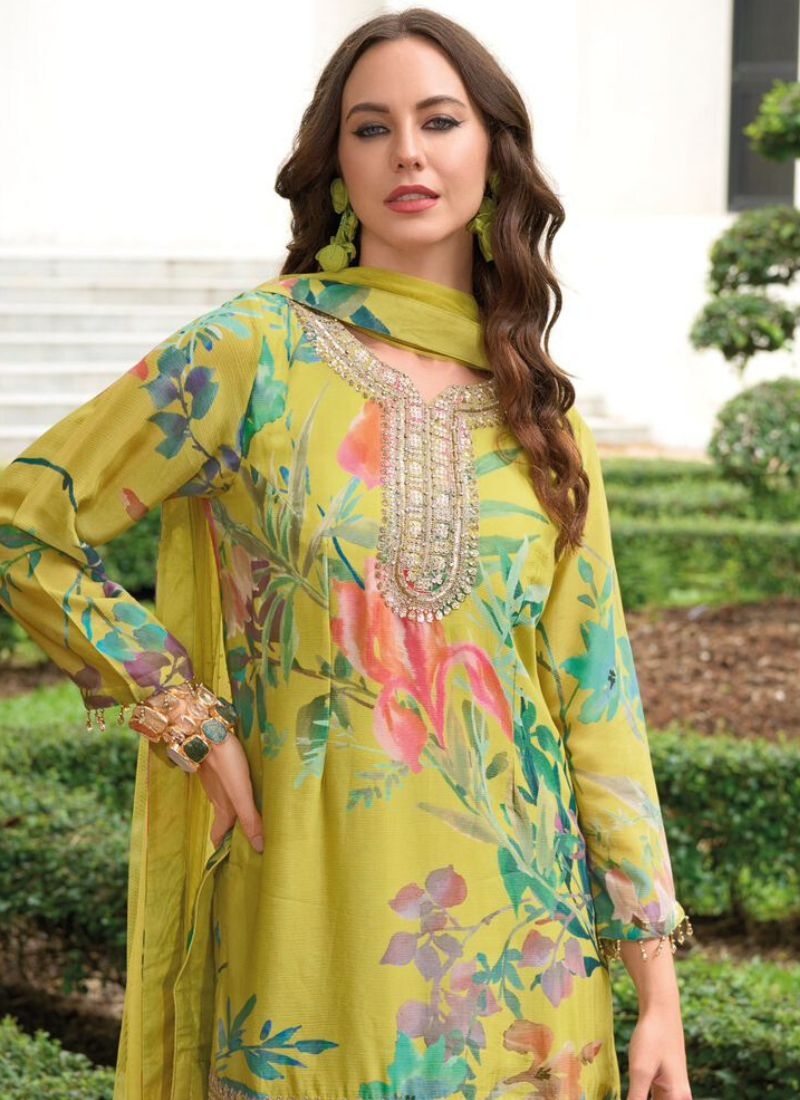 Exquisite digital printed chinon sharara suit & dupatta in light green