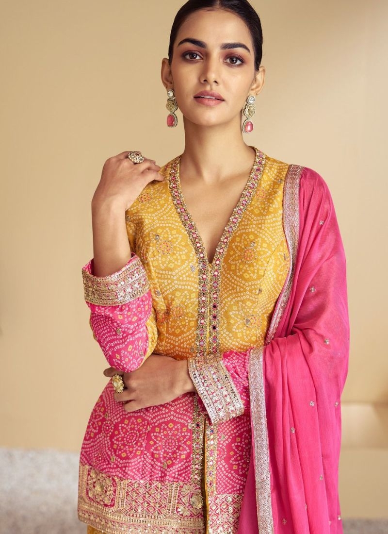 Stunning digital printed chinon sharara suit in yellow