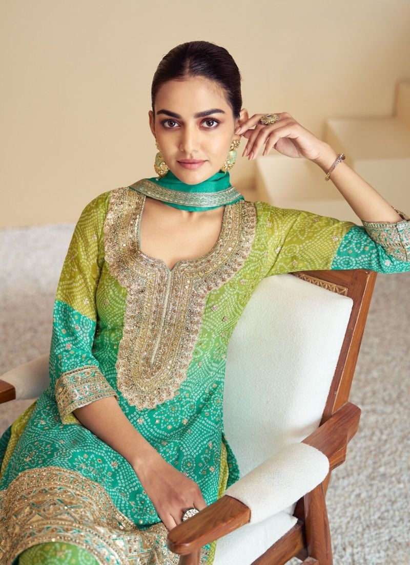 Stunning digital printed chinon sharara suit in green