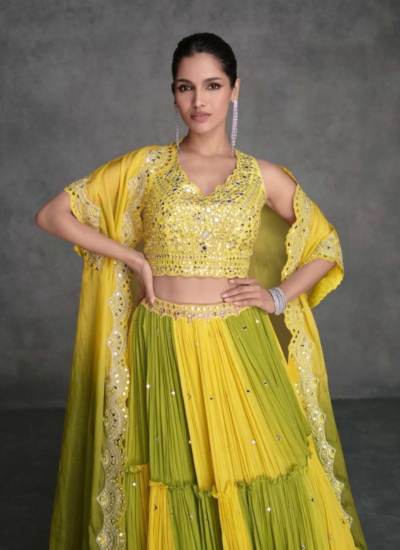 Designer mirror embroidered organza silk crop top set in yellow