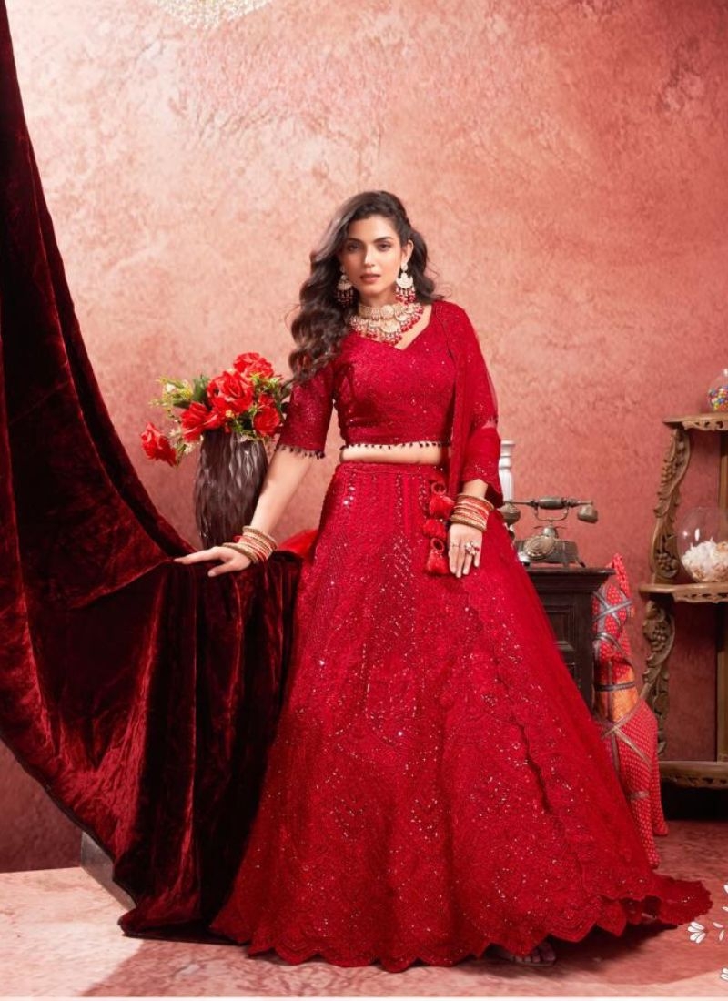 Heavy embroidered georgette lehenga choli in red