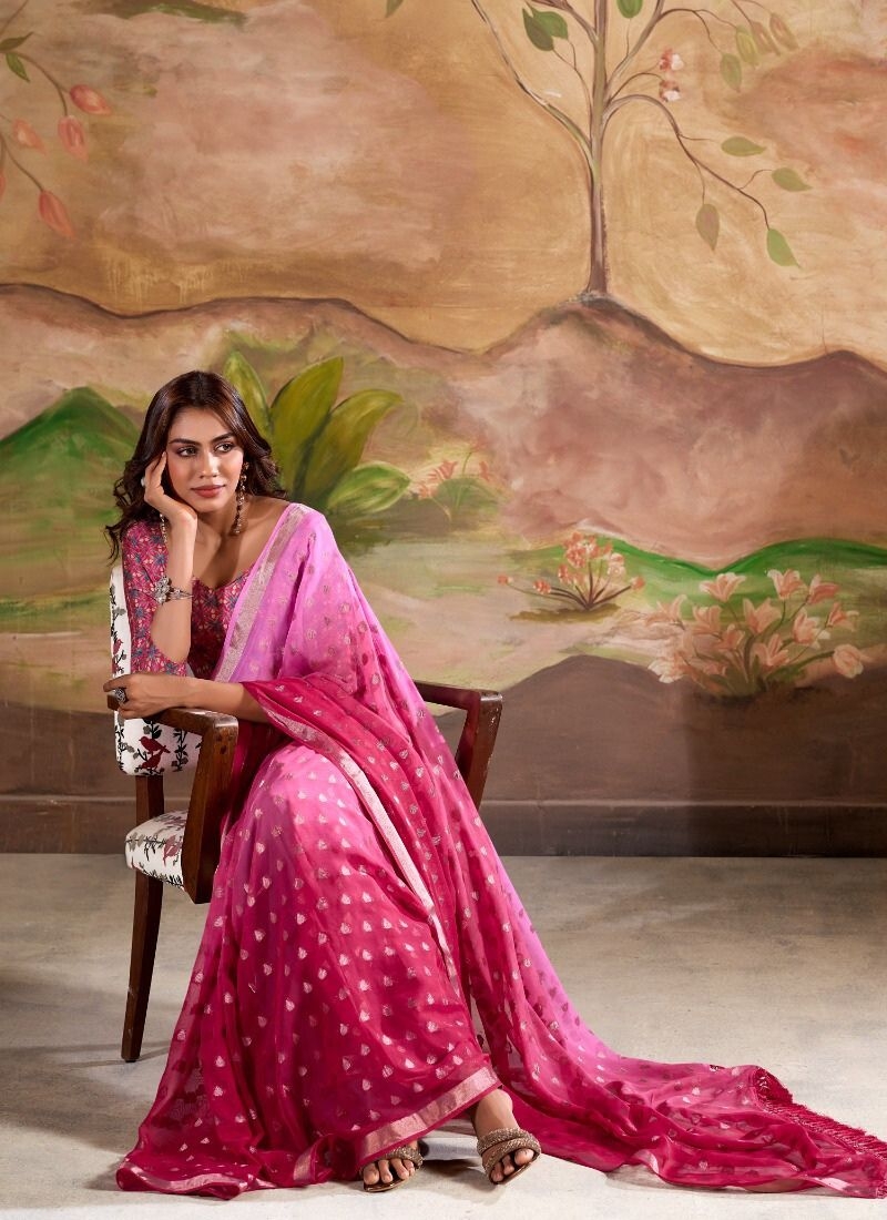 Digitally printed zari weaving georgette silk saree in pink