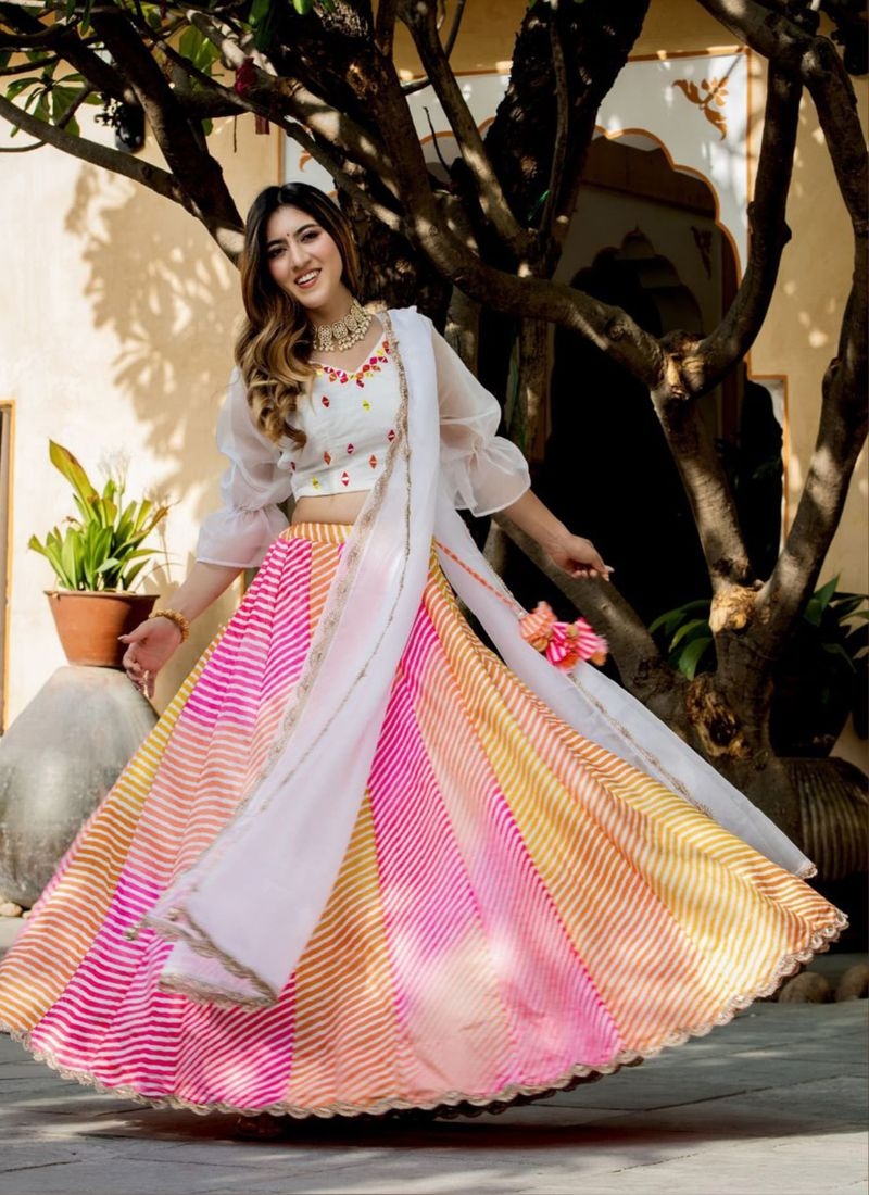 Beautifully embroidered organza silk lehenga choli in baby pink