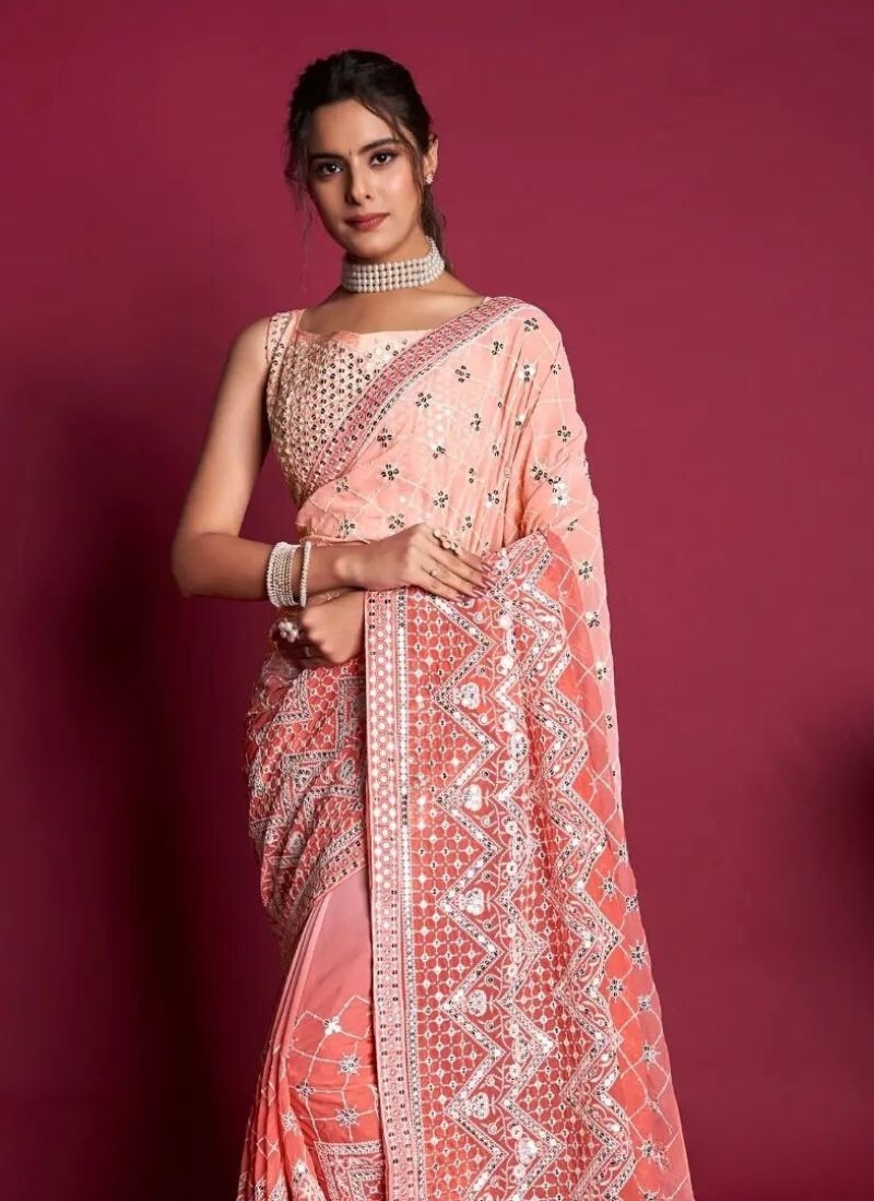 Beautifully embroidered soft georgette saree in pink