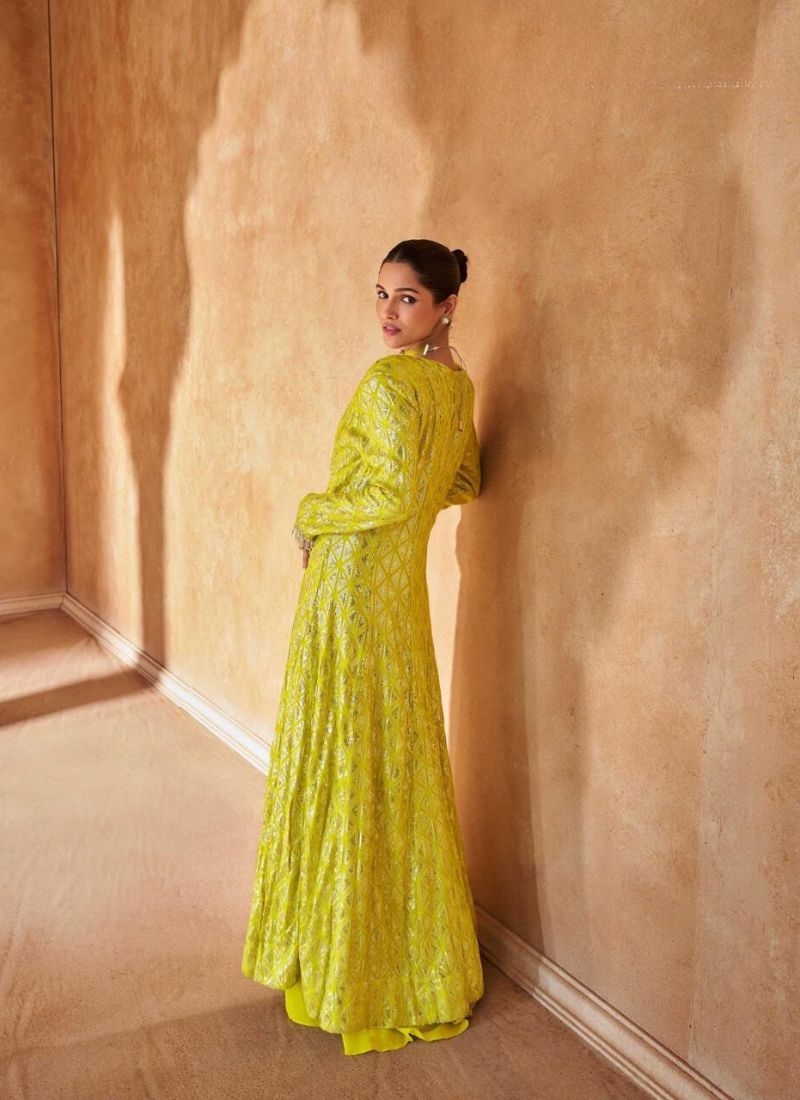 Exquisite heavy embroidered georgette crop top with long shrug in yellow