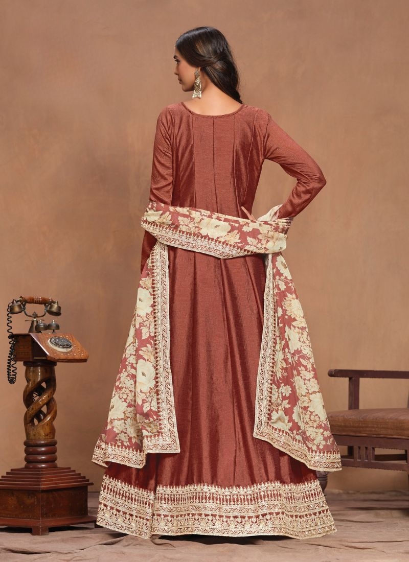 Beautiful organza printed silk Anarkali suit in brown