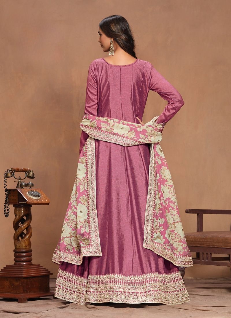 Beautiful organza printed silk Anarkali suit in pink