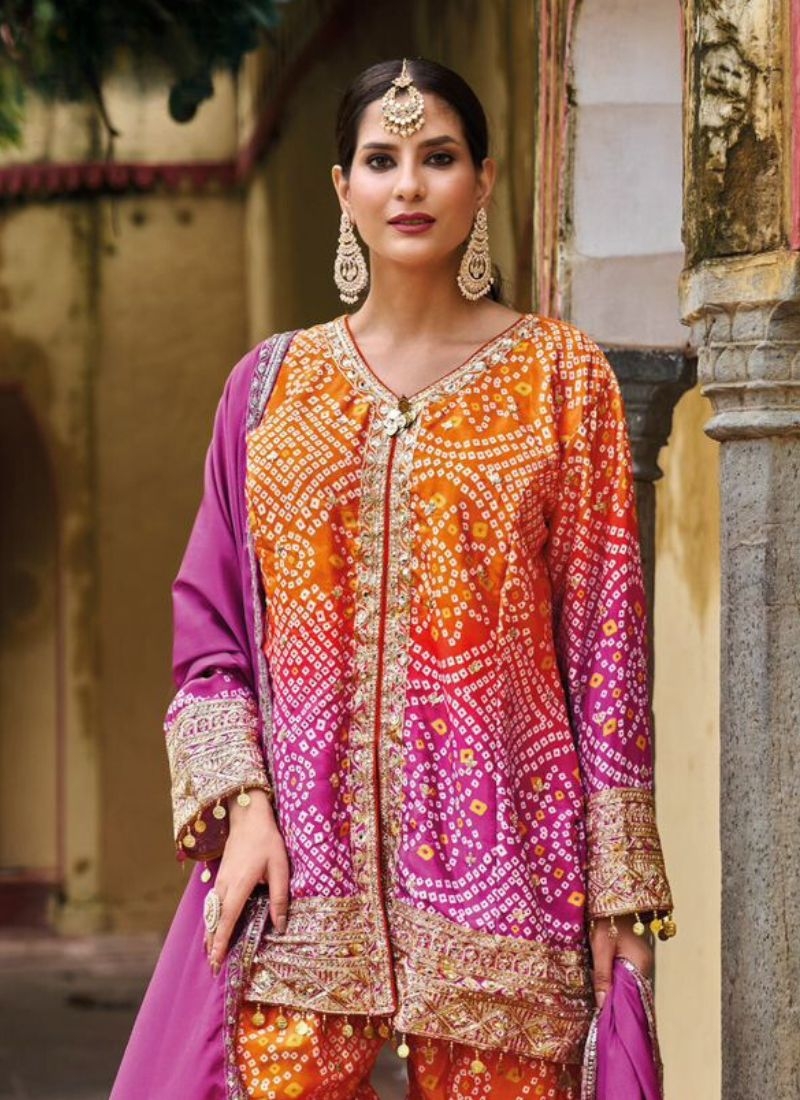 Beautifully printed chinon sharara suit in pink