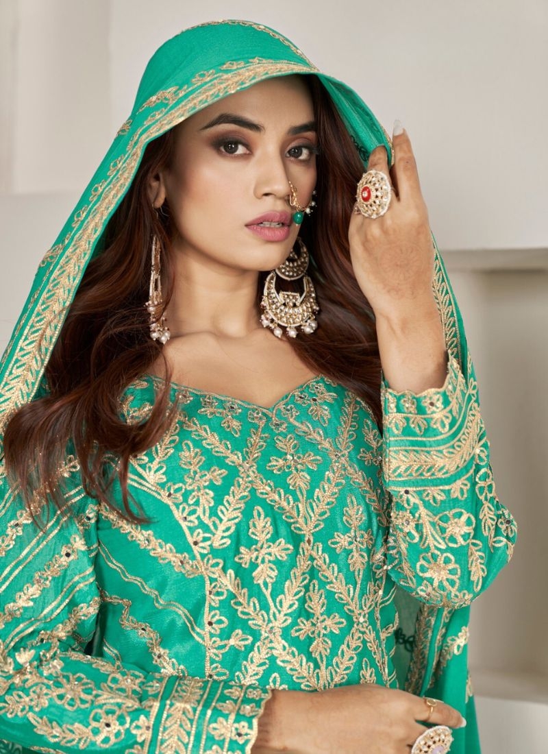 Exquisite heavy embroidered Chinon sharara suit in green