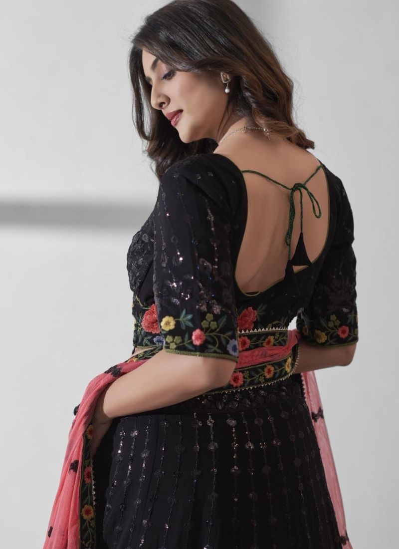 Beautiful multi-embroidered georgette lehenga in black