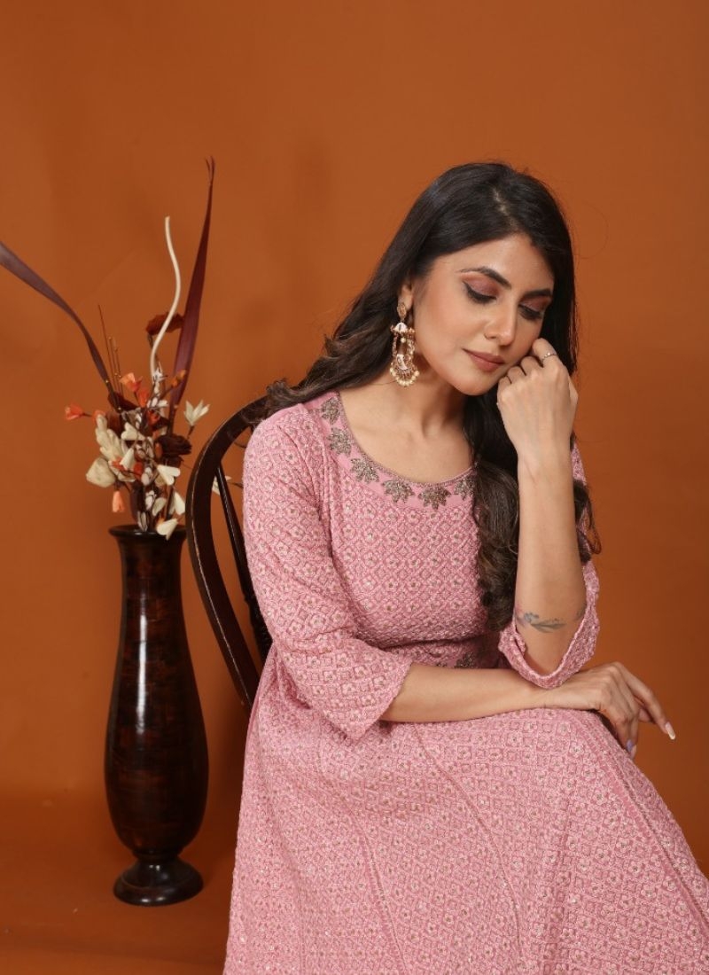 Designer heavy embroidered faux georgette anarkali suit in pink