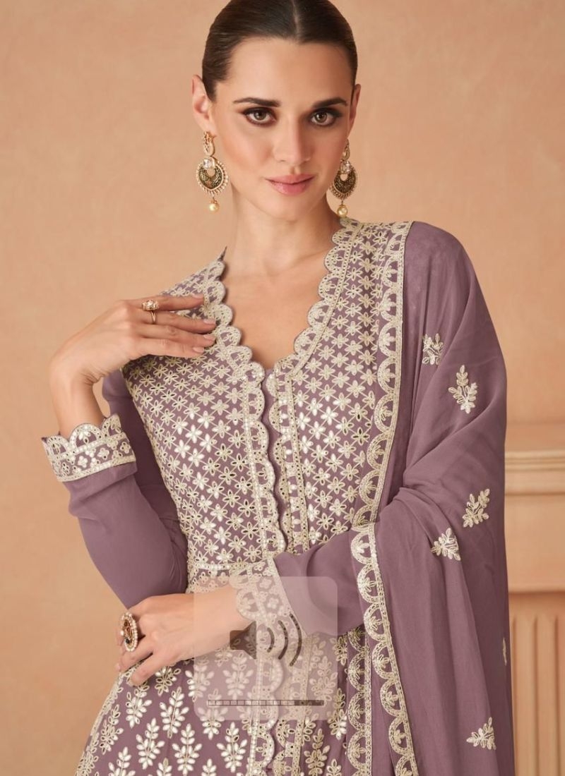 Designer thread embroidered georgette anarkali suit in purple