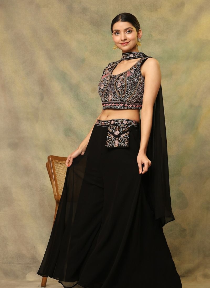 Beautiful heavy embroidered georgette crop top set in black