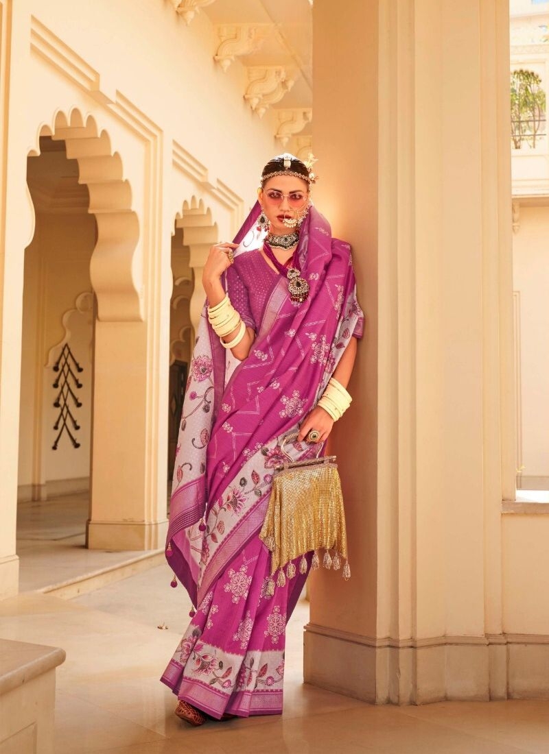 Elegant floral printed silk saree in pink