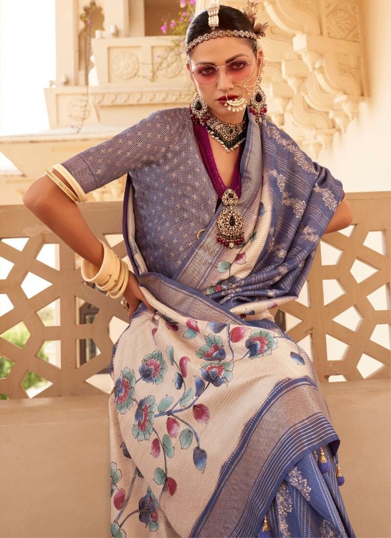 Elegant floral printed silk saree in viloet