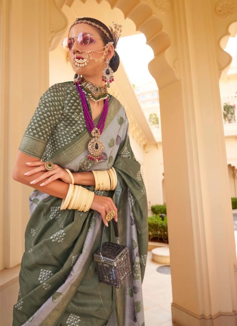 Elegant floral printed silk saree in green