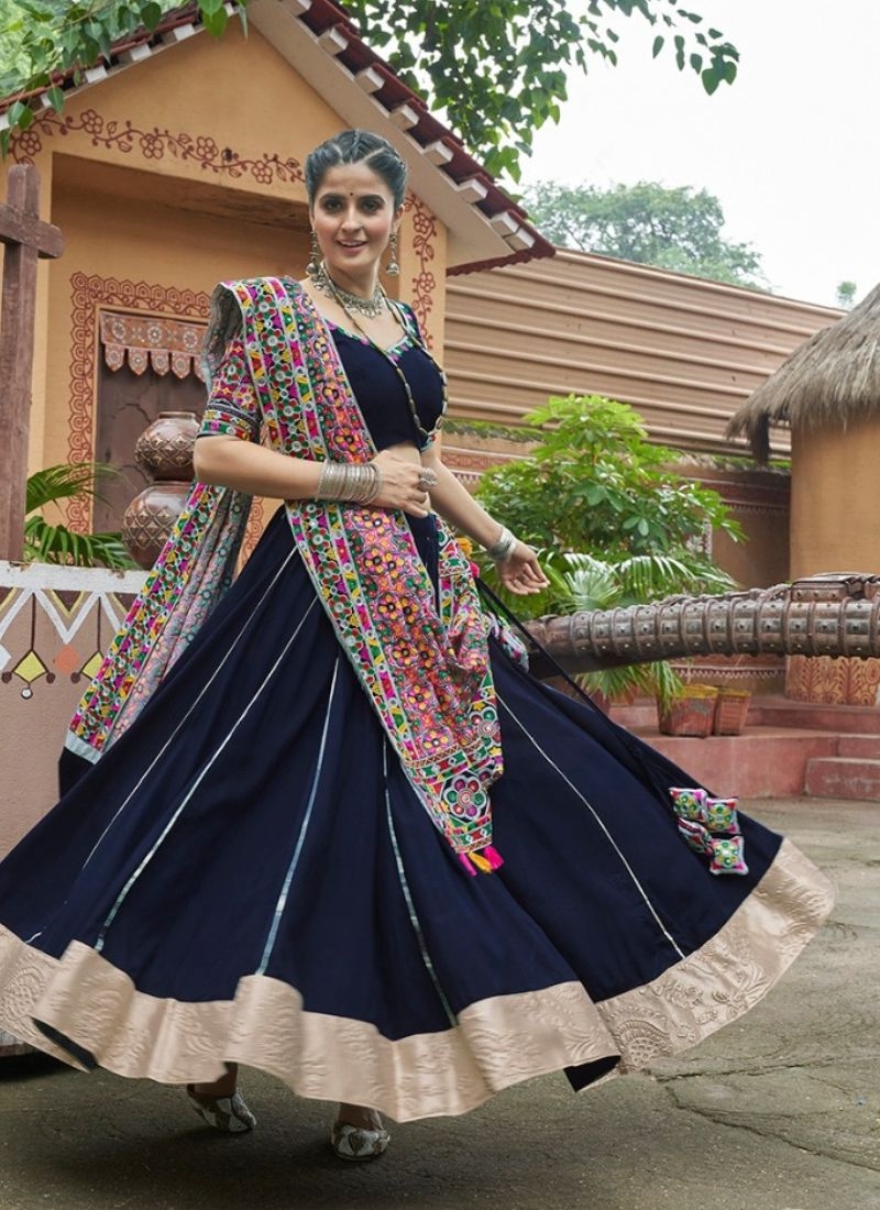 Beautiful mirror embroidered viscose rayon lehenga choli in navy blue