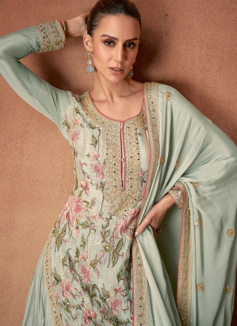 Beautiful floral embroidered pure Chinon palazzo suit in green