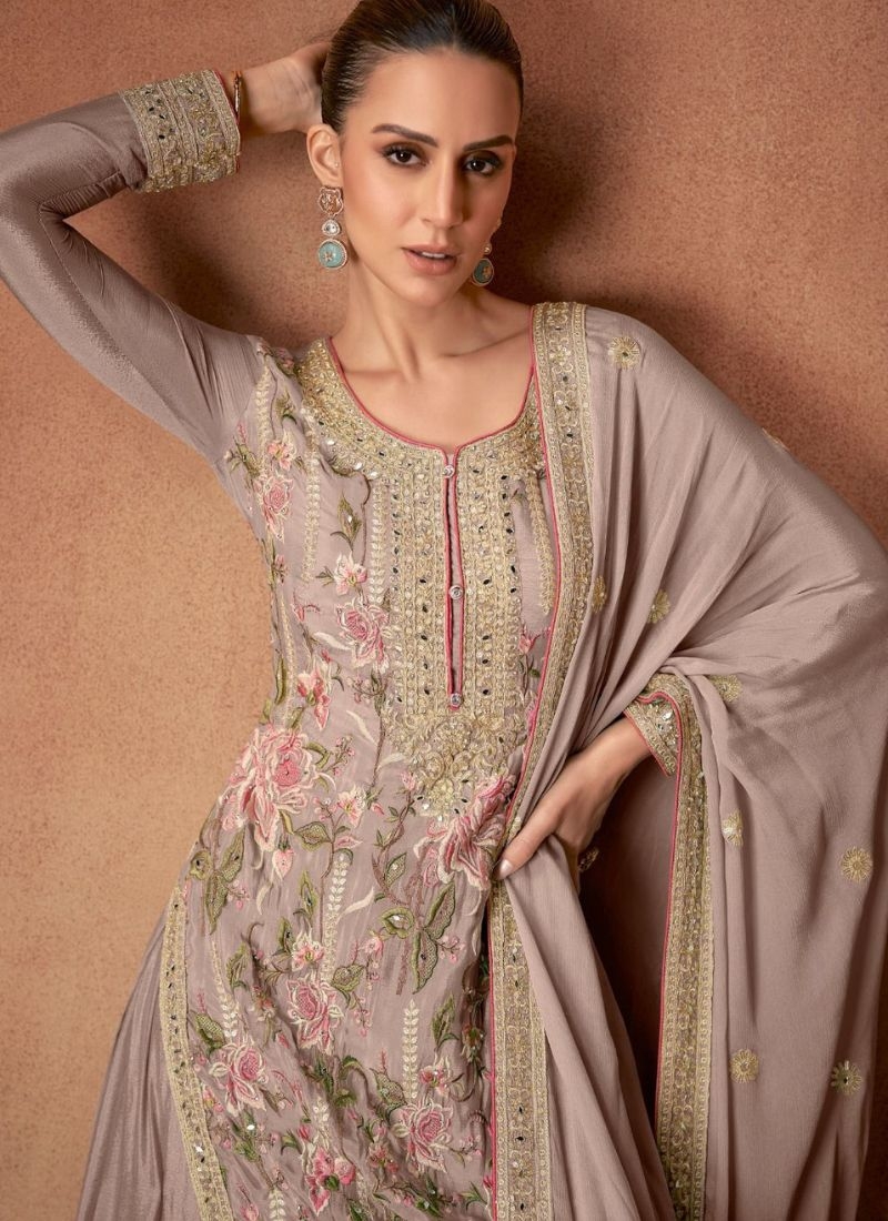 Beautiful floral embroidered pure Chinon palazzo suit in nude pink