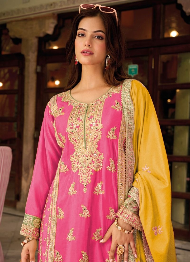 Stylish embroidered pure Chinon palazzo suit in pink