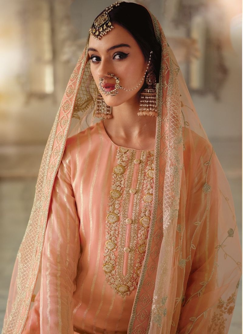 Designer patch embroidered georgette sharara suit in peach