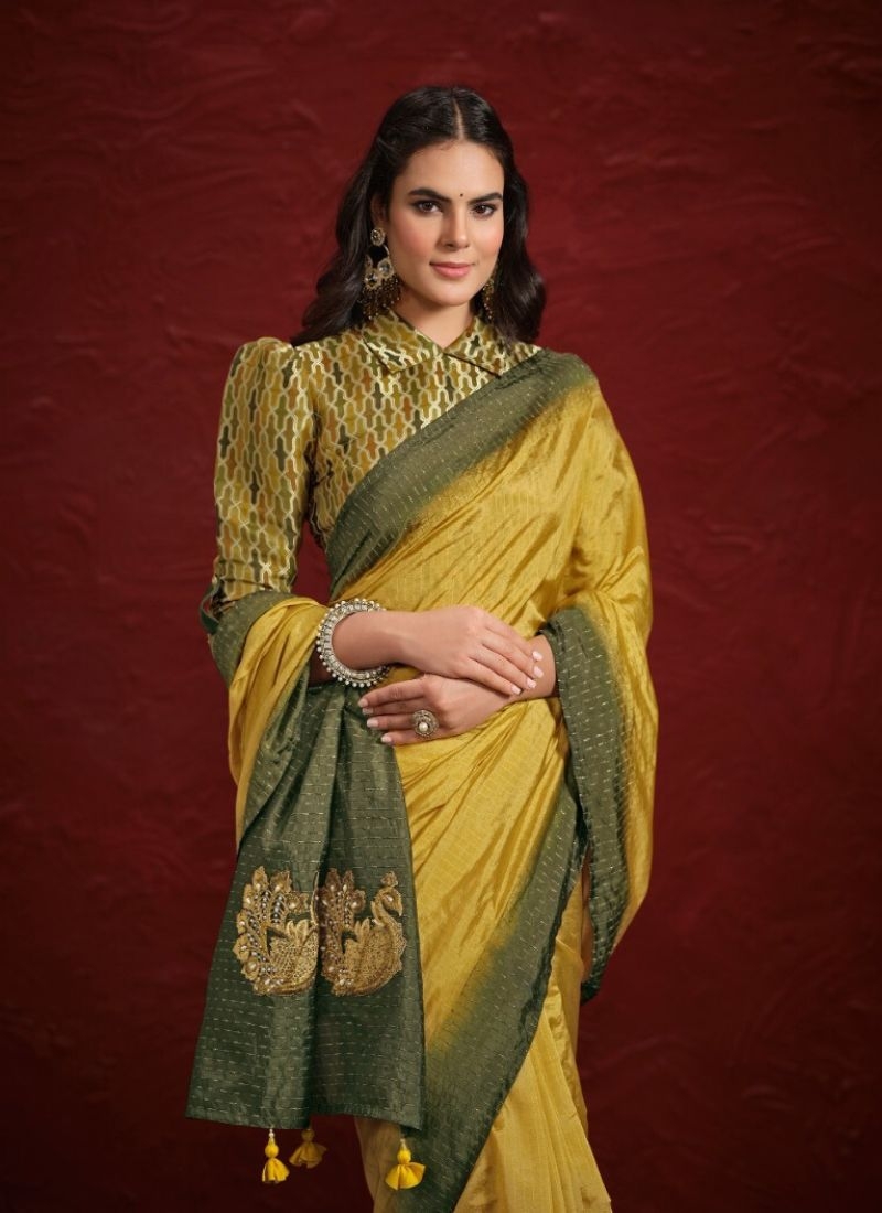 Stunning embroidered silk saree in yellow