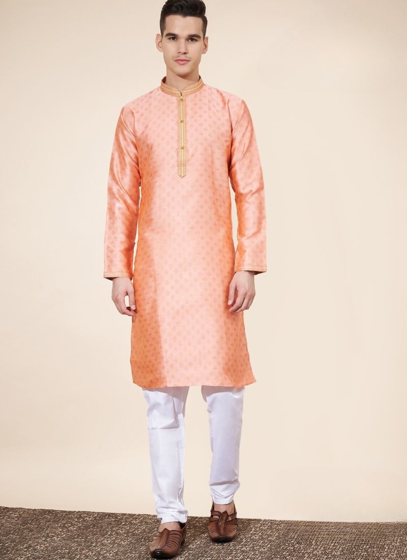 jacquard printed men's long silk kurta pajama in orange