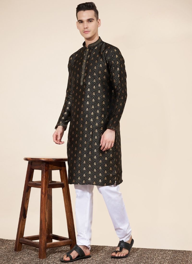 jacquard printed men's long silk kurta pajama in black