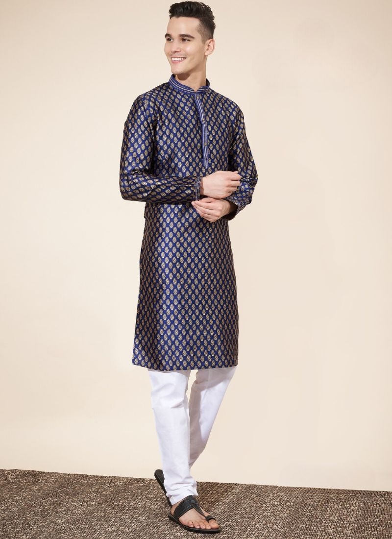 jacquard printed men's long silk kurta pajama in dark blue