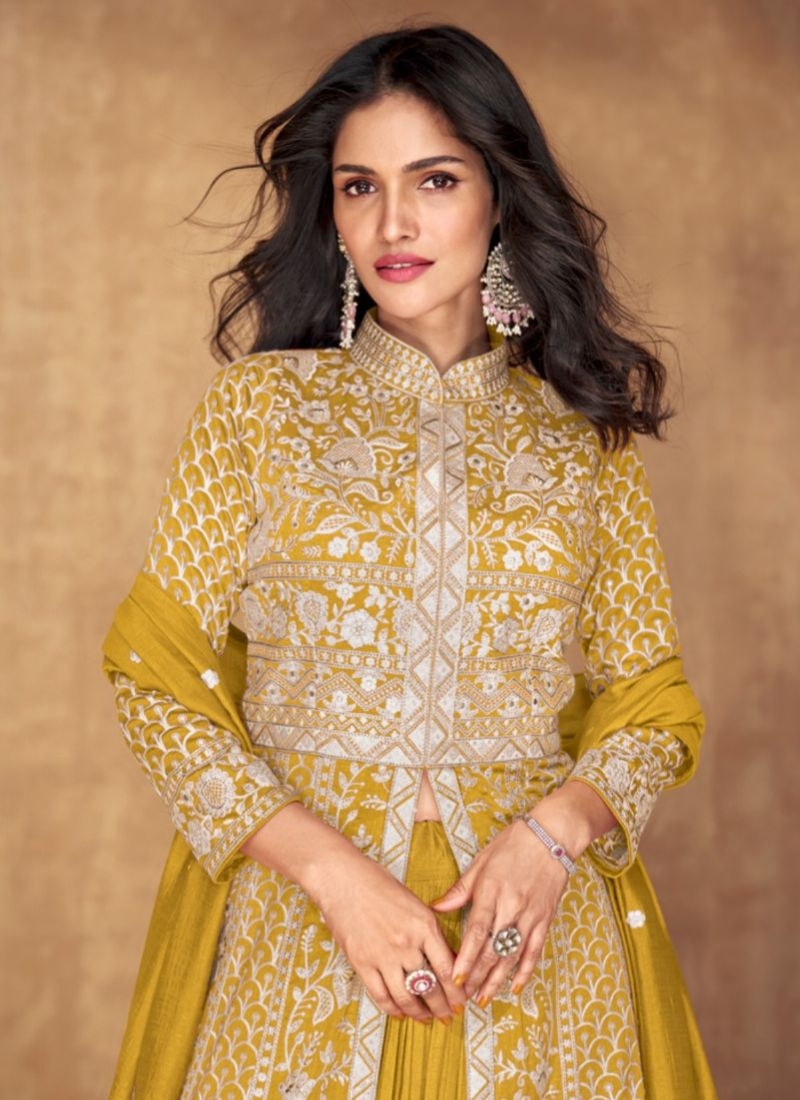 Beautifully embroidered silk Anarkali suit in yellow