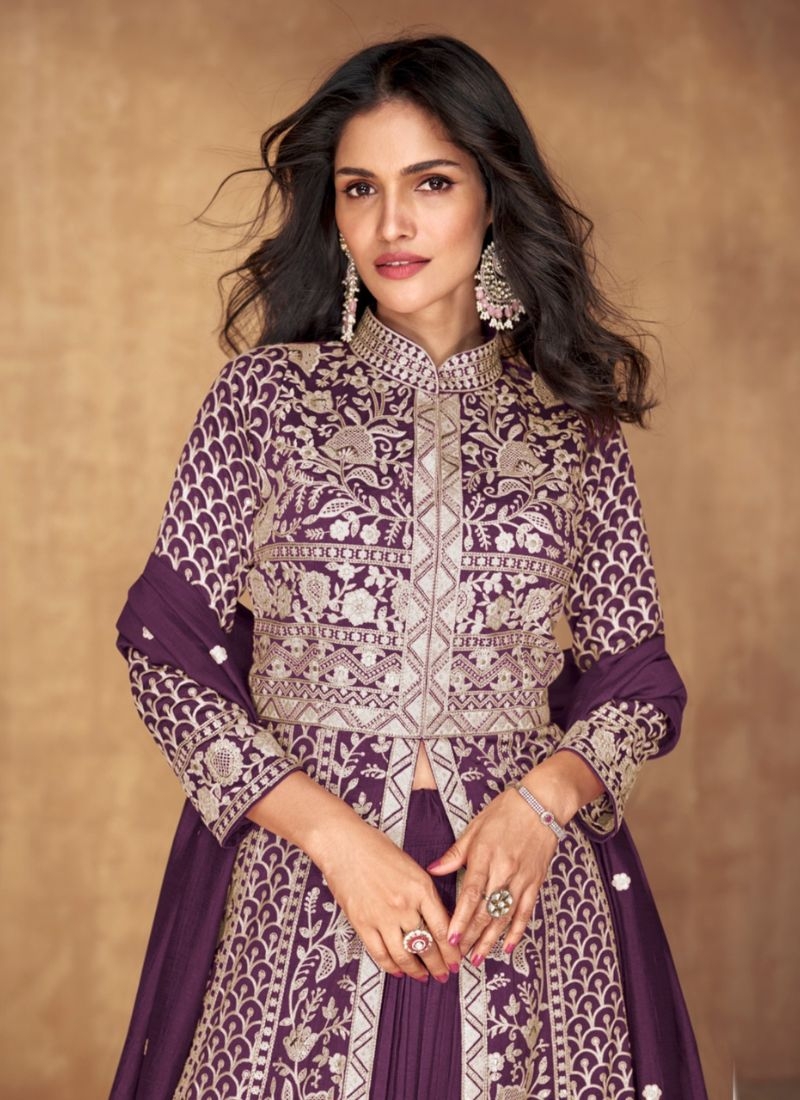 Beautifully embroidered silk Anarkali suit in dark purple