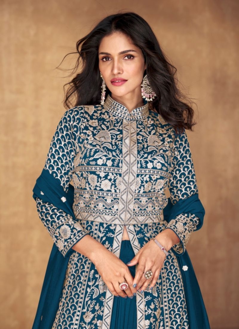 Beautifully embroidered silk Anarkali suit in dark blue