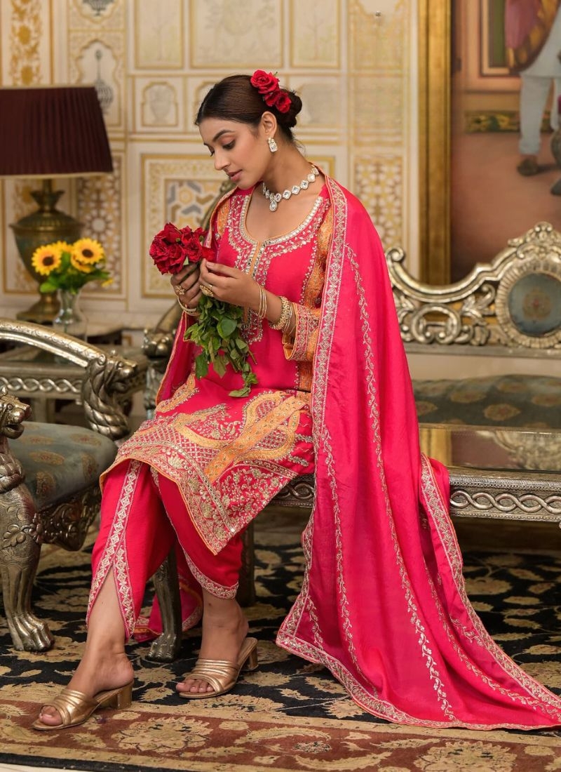 Designer embroidered premium Chinon salwar suit in pink