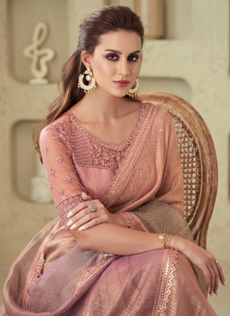 Designer sequin embroidered silk saree in nude pink