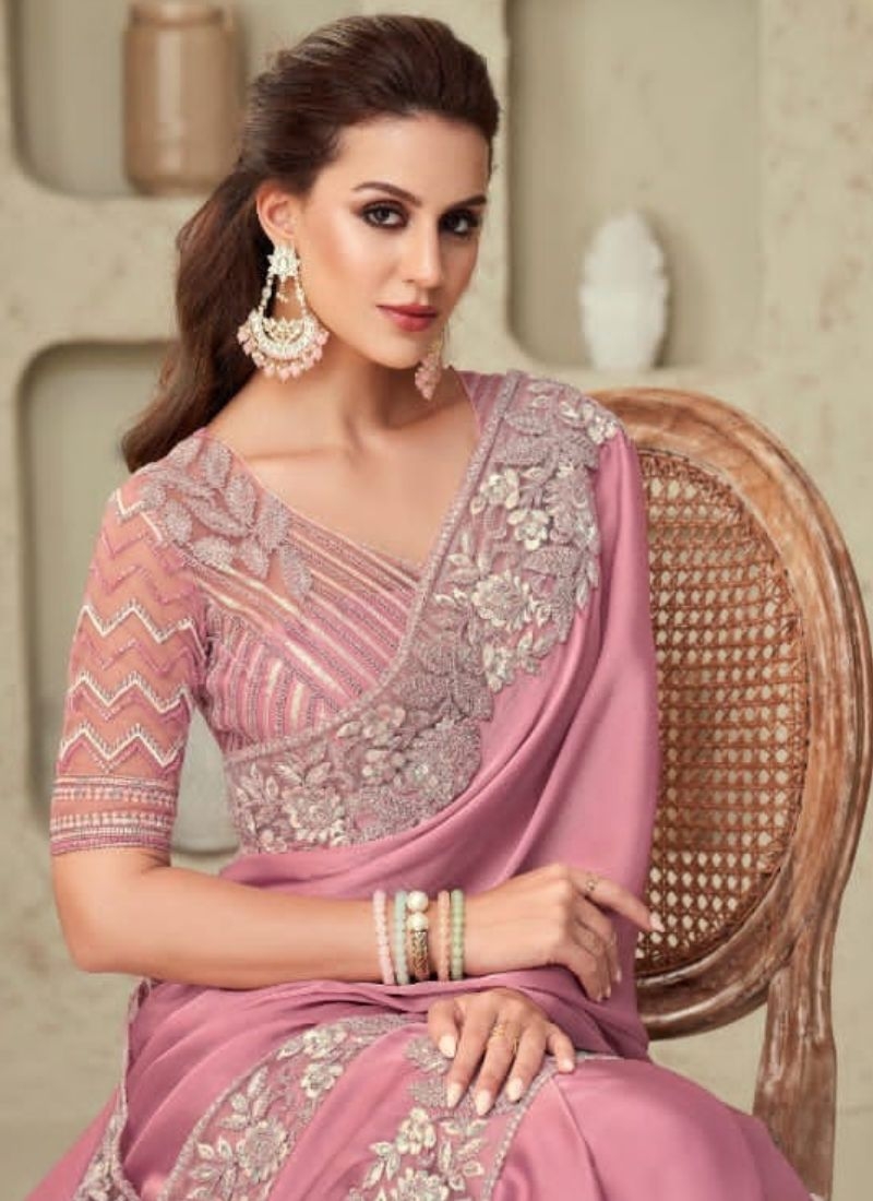 Designer sequin embroidered silk saree in pink