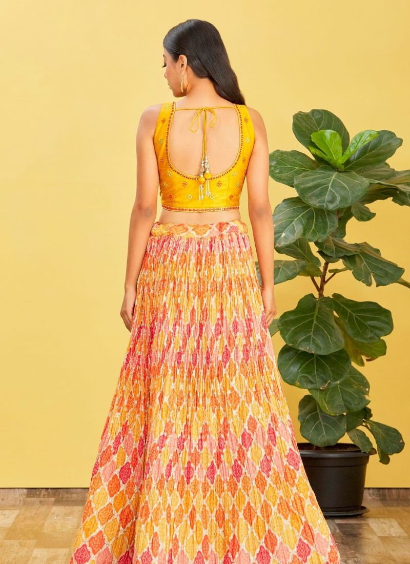 Designer printing work pure georgette lehenga choli in yellow