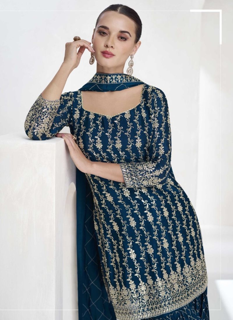 Exquisite pearl embroidered Chinon palazzo suit in dark blue