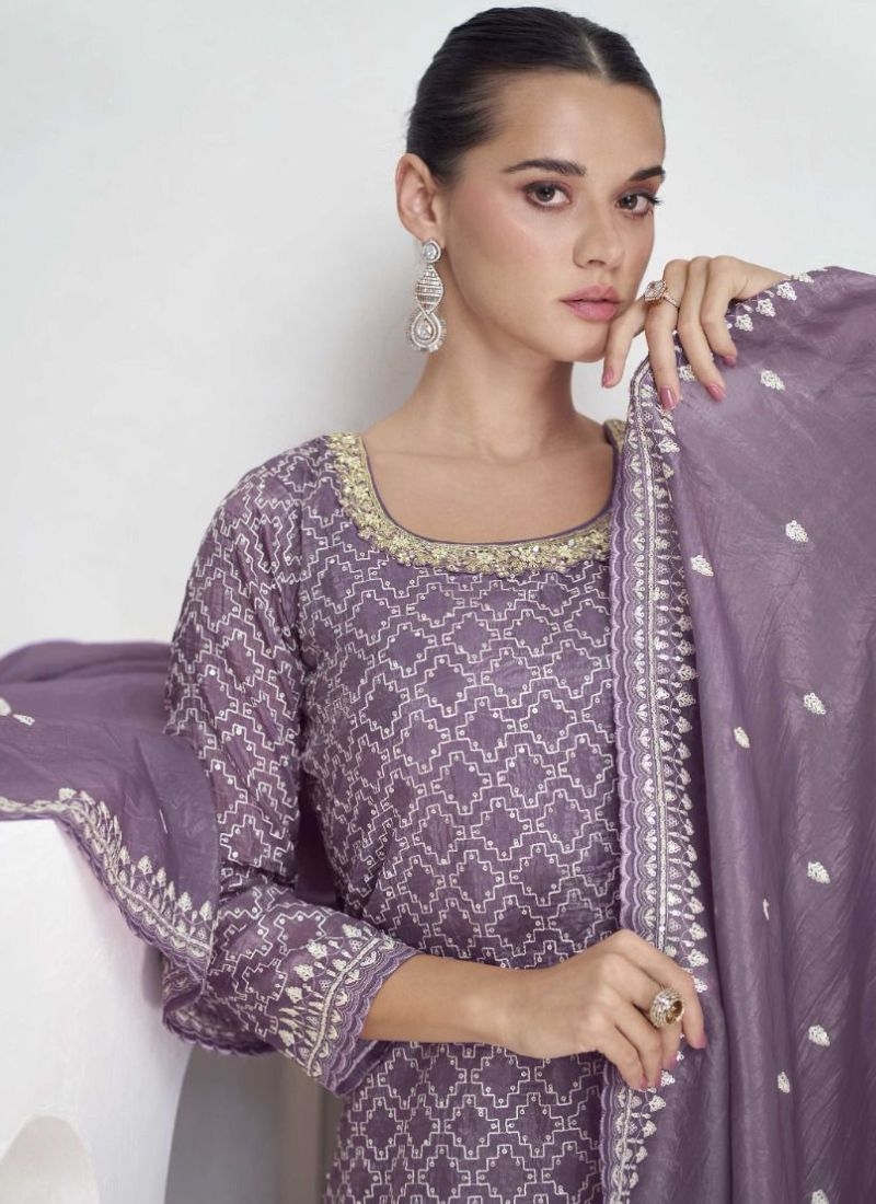 Exquisite pearl embroidered Chinon palazzo suit in purple