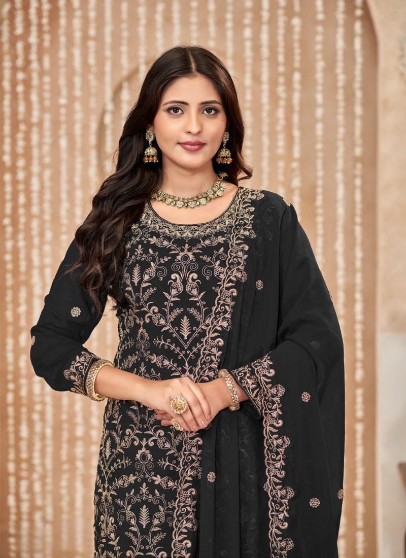 Designer sequence embroidered faux georgette kurta pantsuit in black