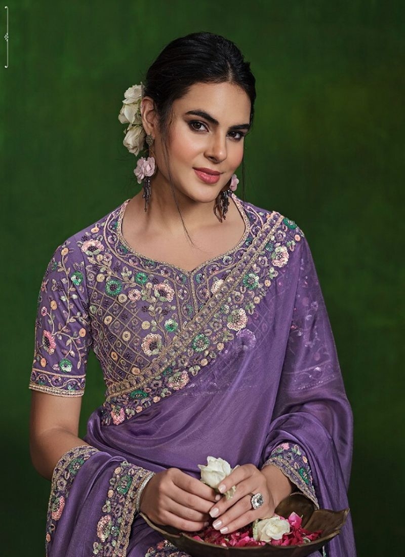 Exquisite handwork embroidered satin silk saree in light purple