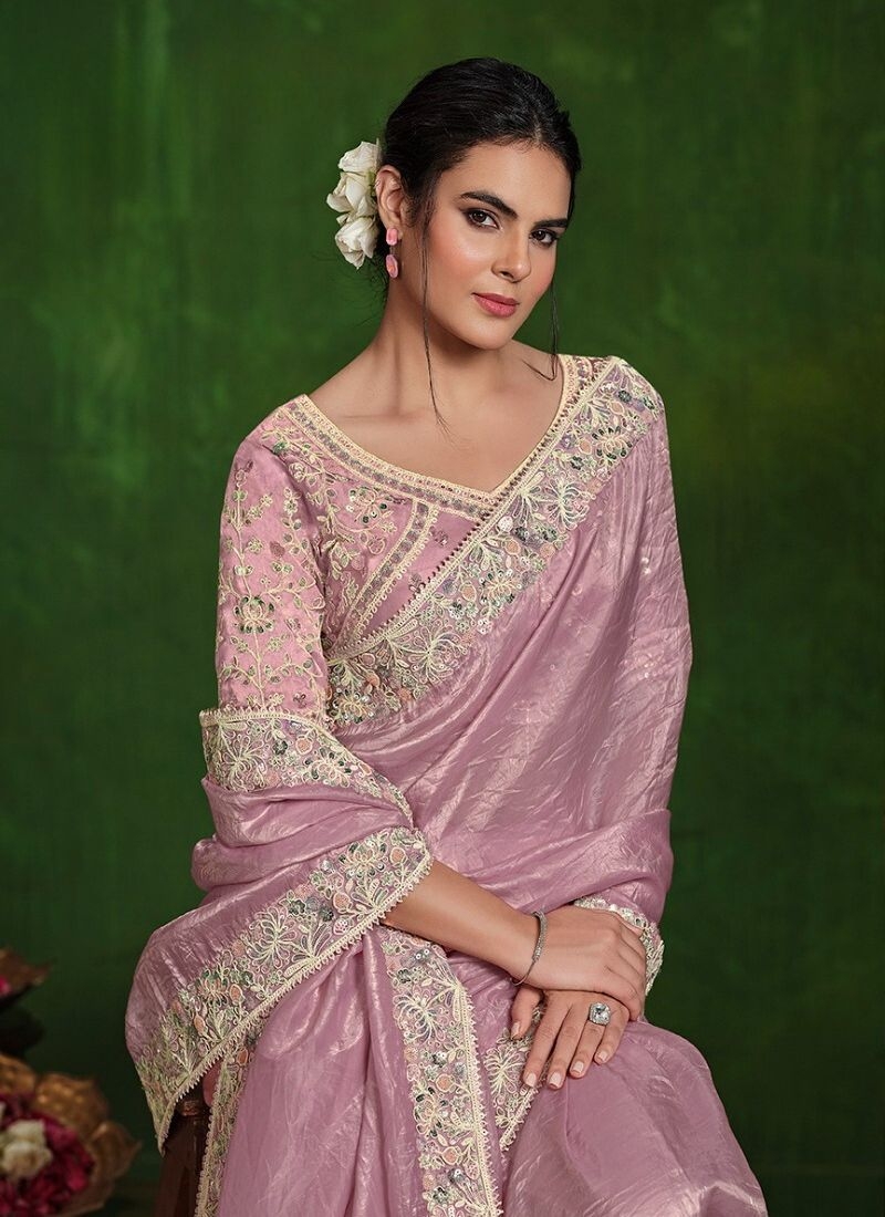 Exquisite handwork embroidered satin silk saree in baby pink