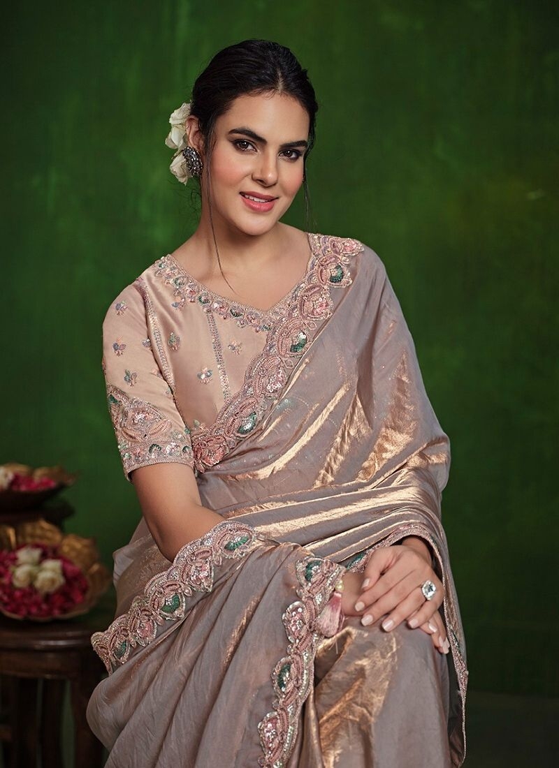 Exquisite handwork embroidered satin silk saree in grey