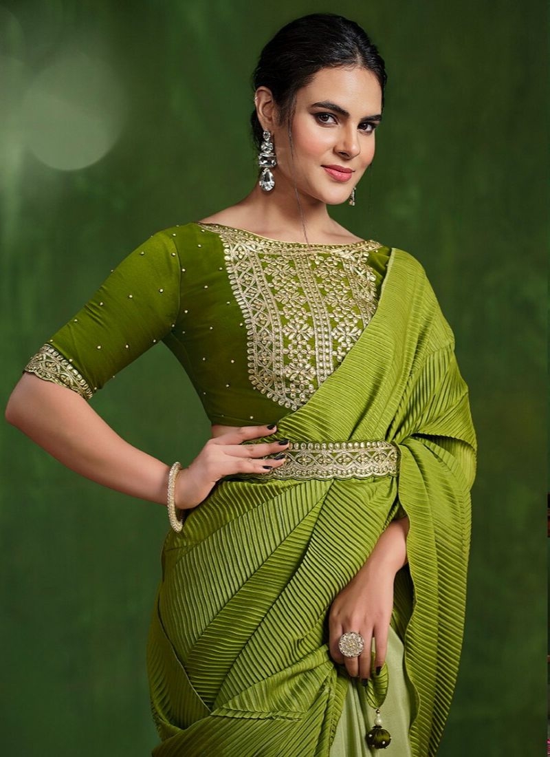 Exquisite handwork embroidered satin silk saree in dark green