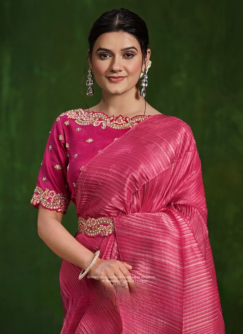 Exquisite handwork embroidered satin silk saree in pink