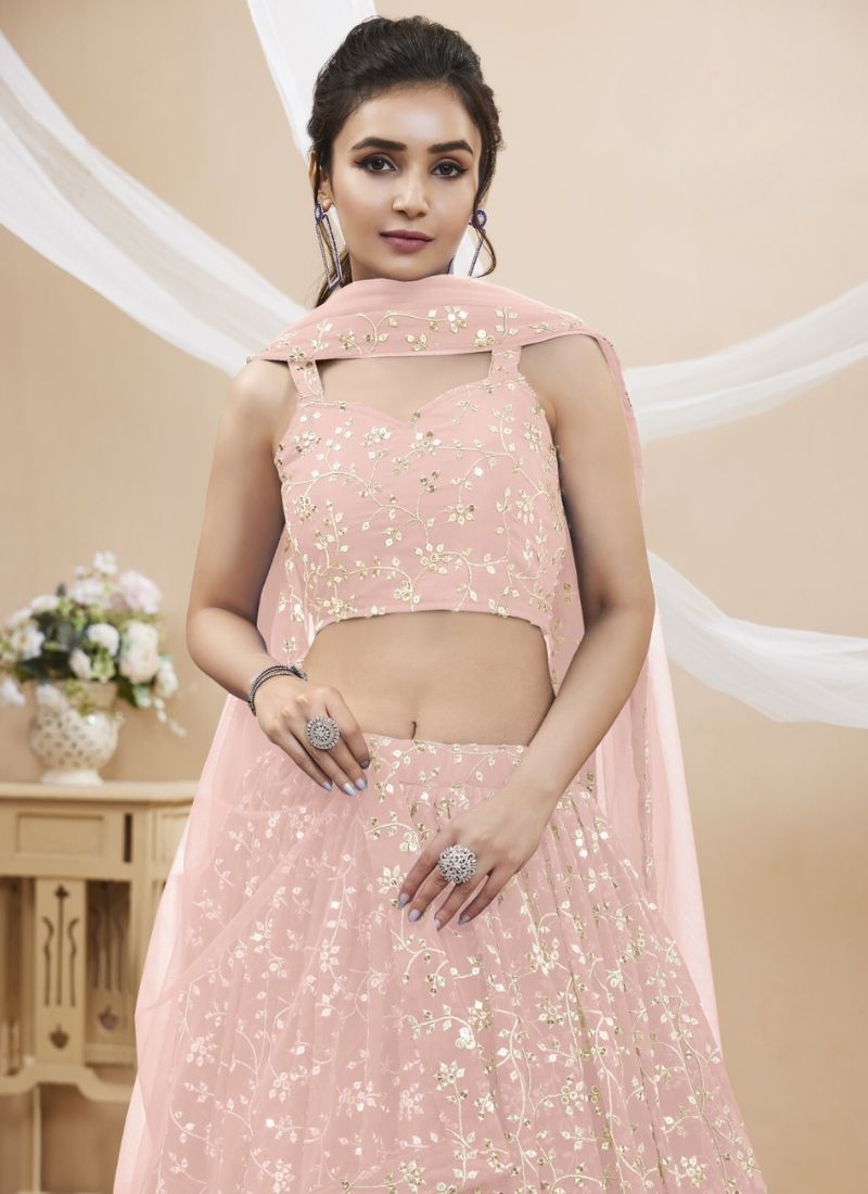 Beautiful mirror embroidered georgette lehenga choli in baby pink