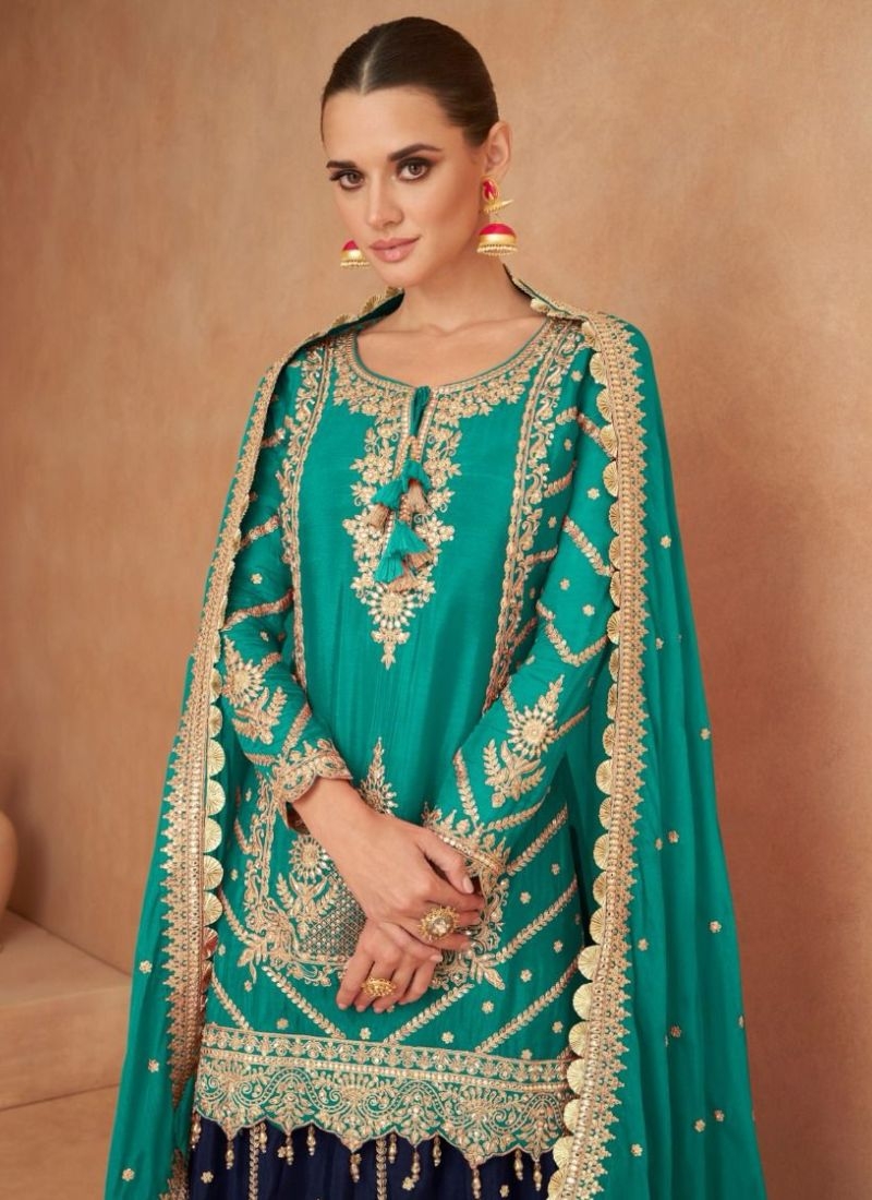 Beautiful floral embroidered real Chinon palazzo suit in green