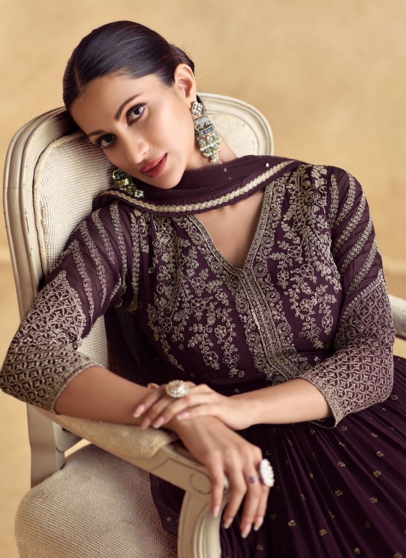 Designer heavy embroidered real chinon silk Anarkali suit in dark violet