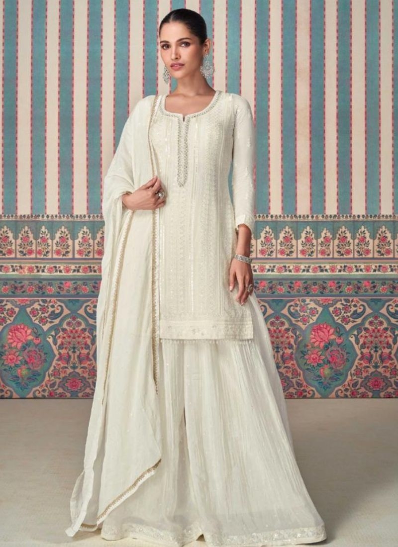 Designer heavy embroidered chinon silk sharara suit in cream