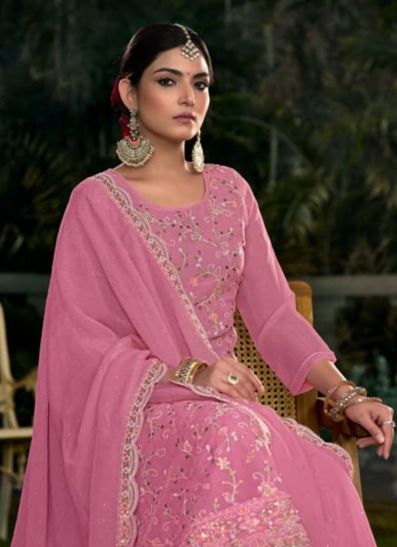 Designer Zarkan embroidered crunchi silk kurta pant suit in pink